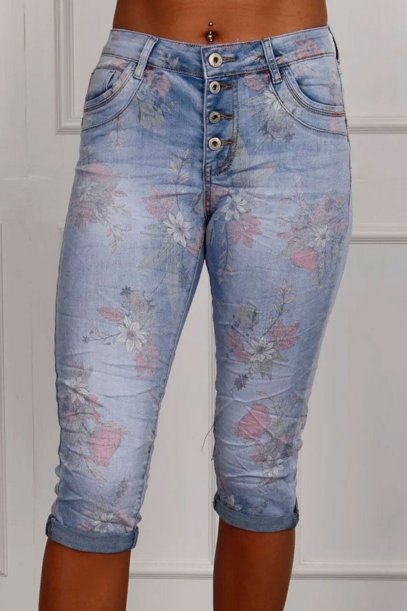 3/4 jeans m. blomster, denim