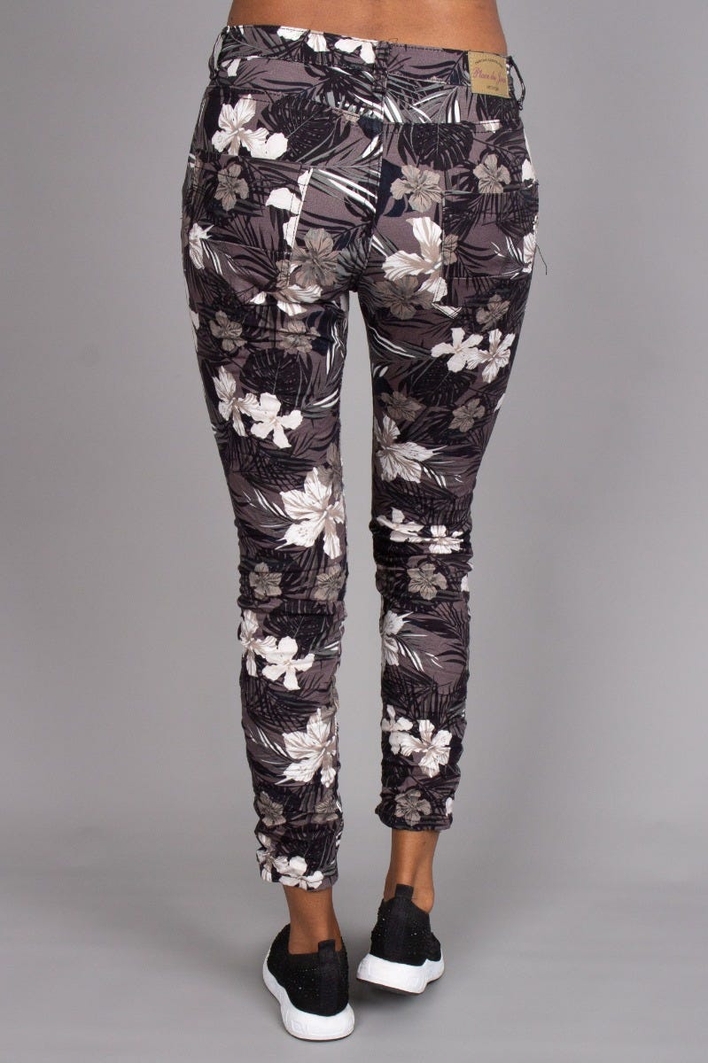 Jeans m. blomsterprint, sort