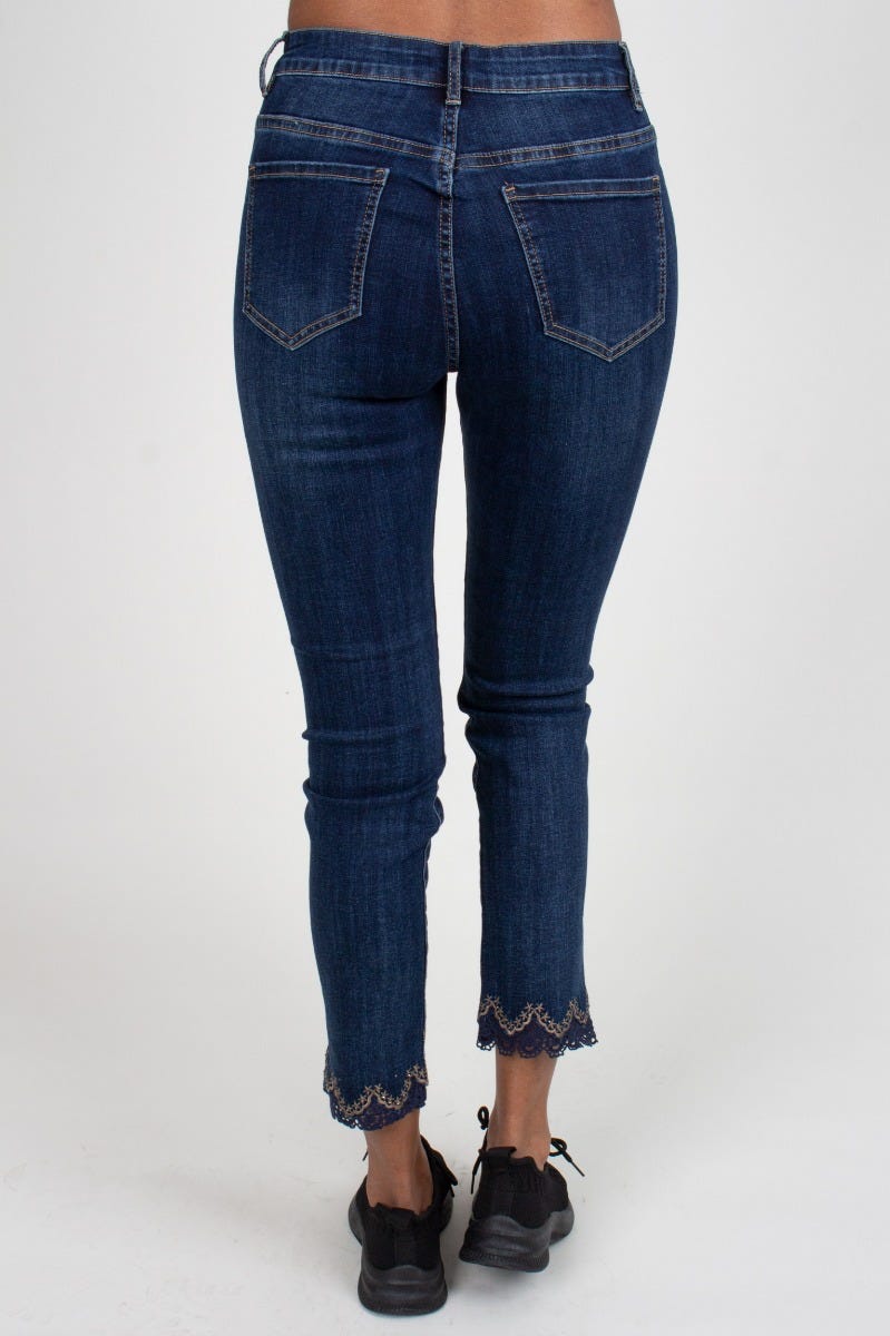 Jeans m. guld broderi, mørk denim