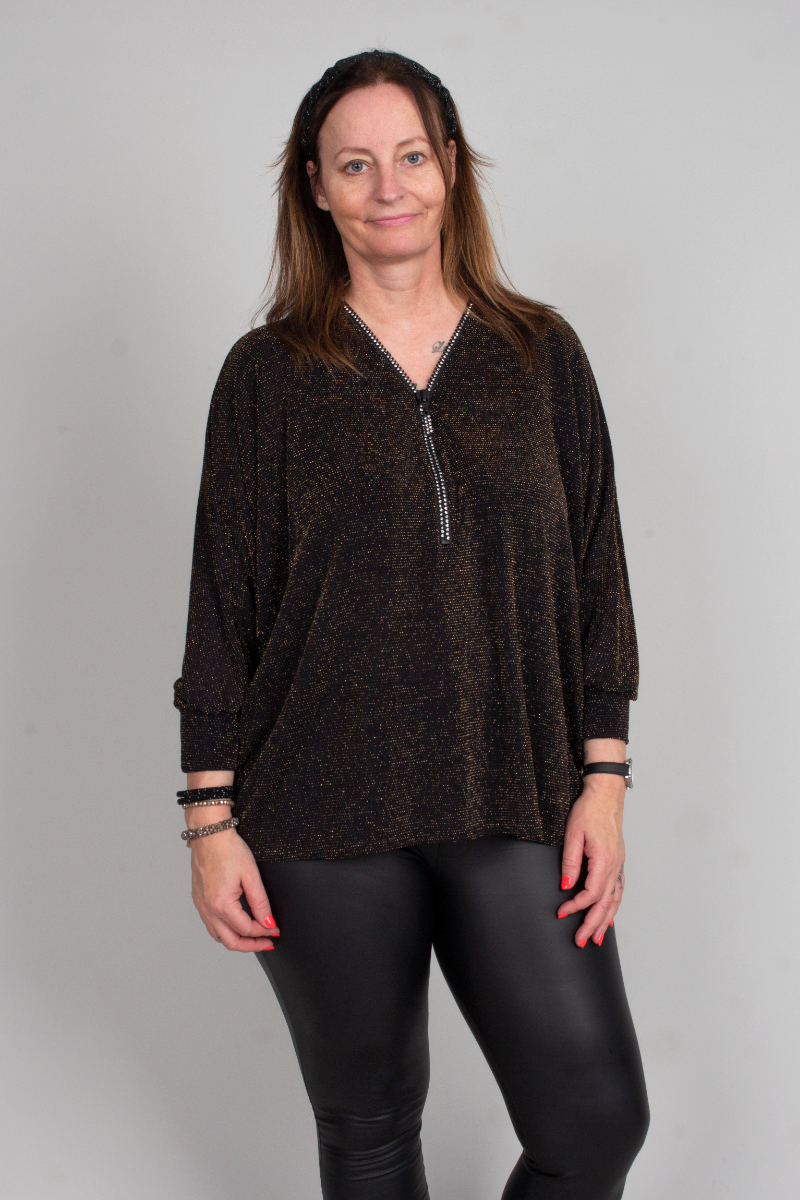 Zip bluse m. glitter guld