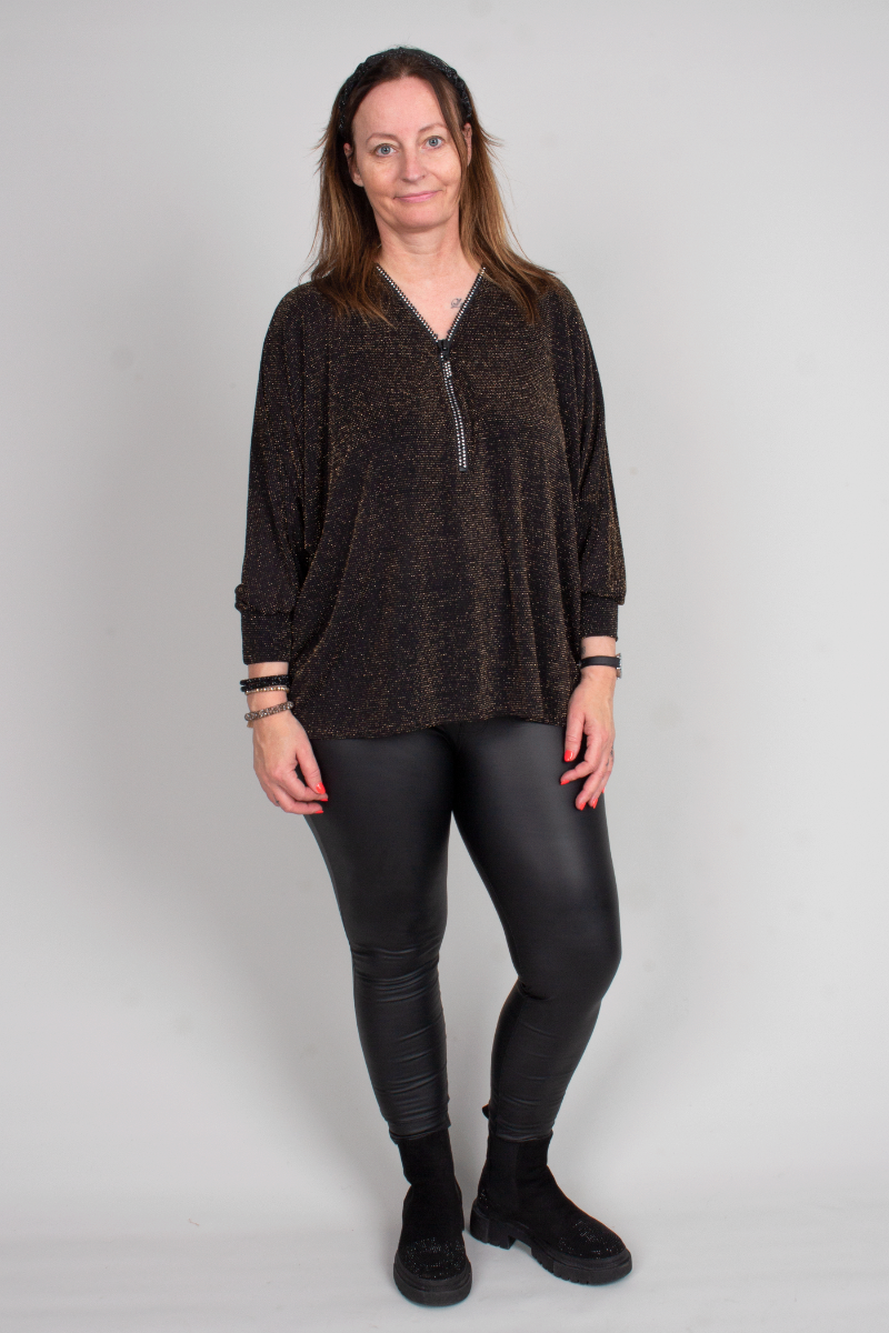 Zip bluse m. glitter guld