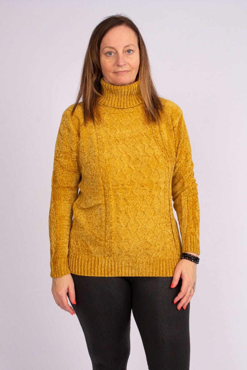 Chenille strik m. rullekrave Mustard