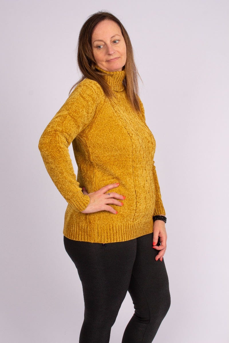 Chenille strik m. rullekrave Mustard