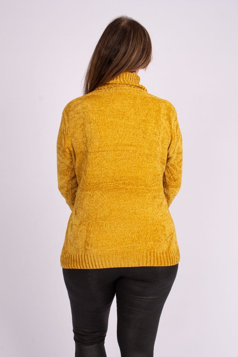 Chenille strik m. rullekrave Mustard