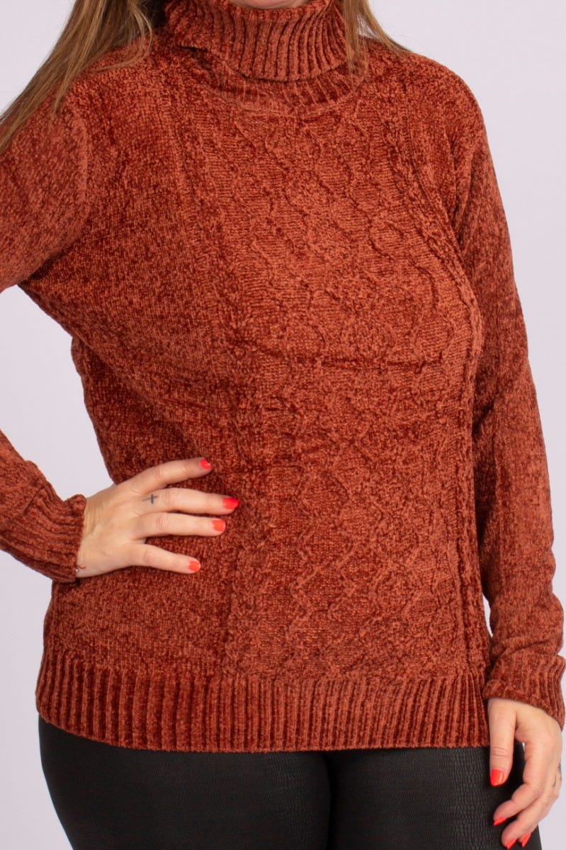 Chenille strik m. rullekrave Rust