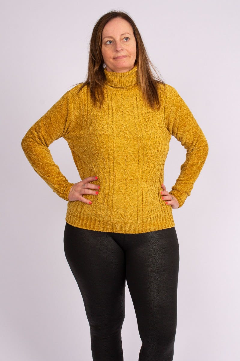 Chenille strik m. kabelmønster Mustard