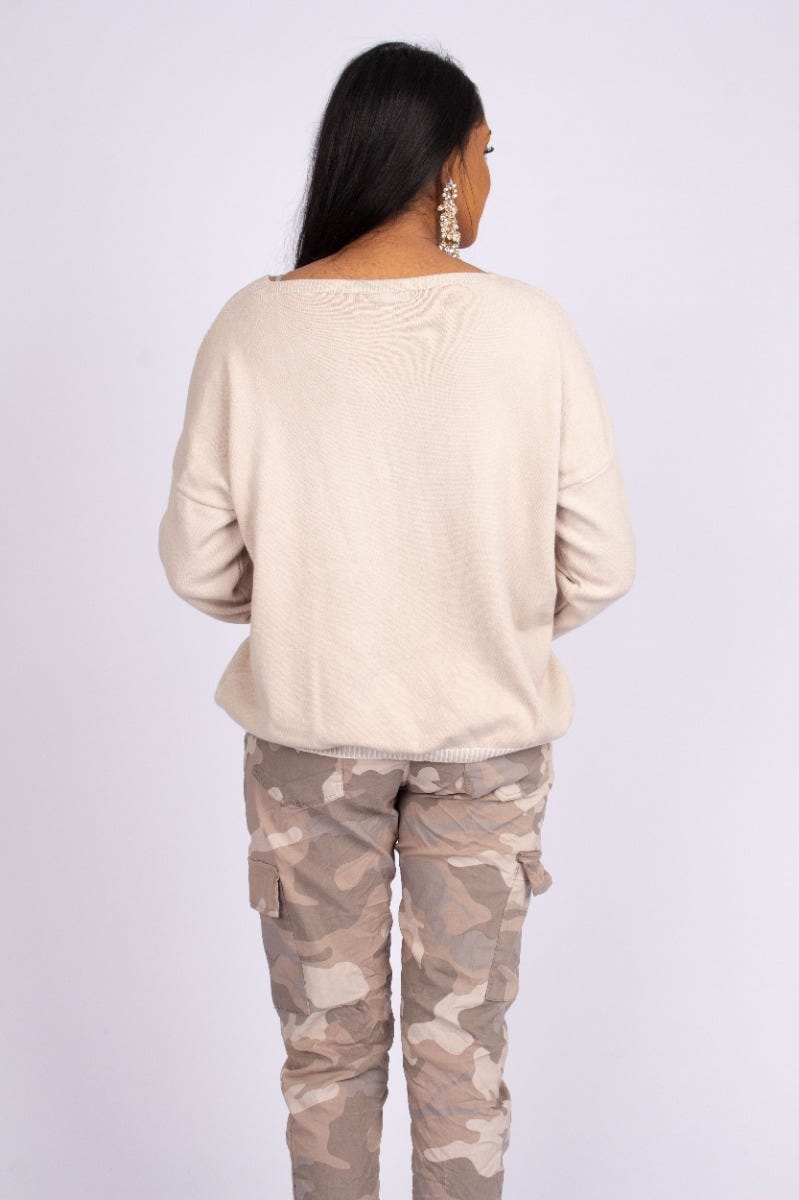 Strikbluse m. hjerter Beige