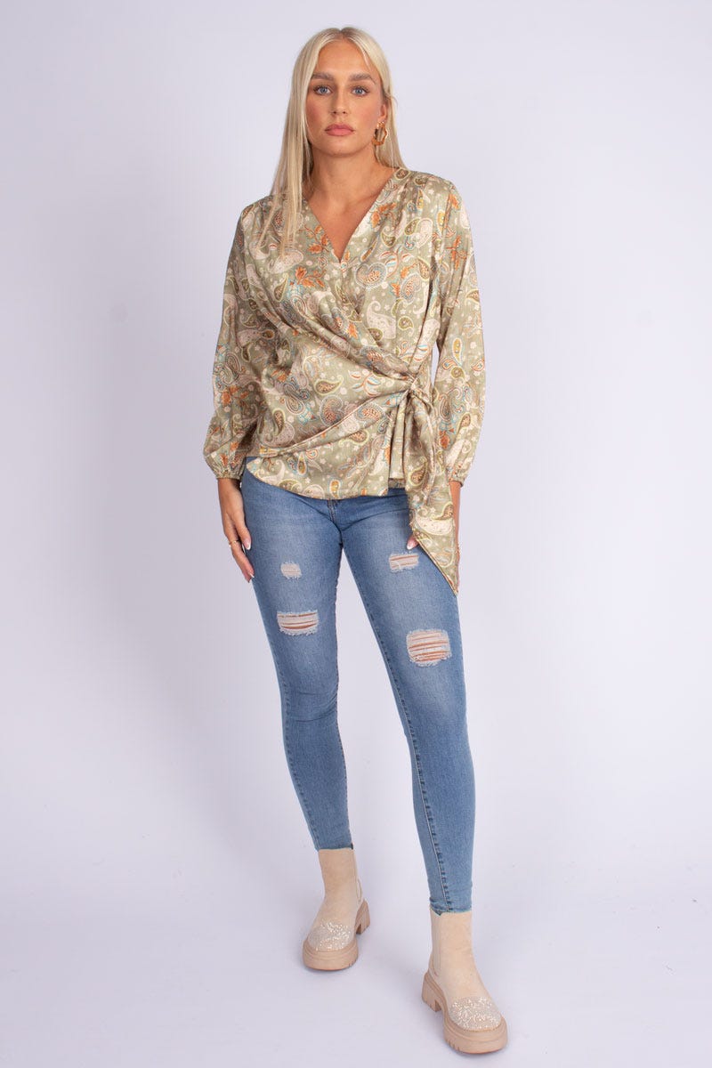 Crossover bluse m. paisley print Grøn