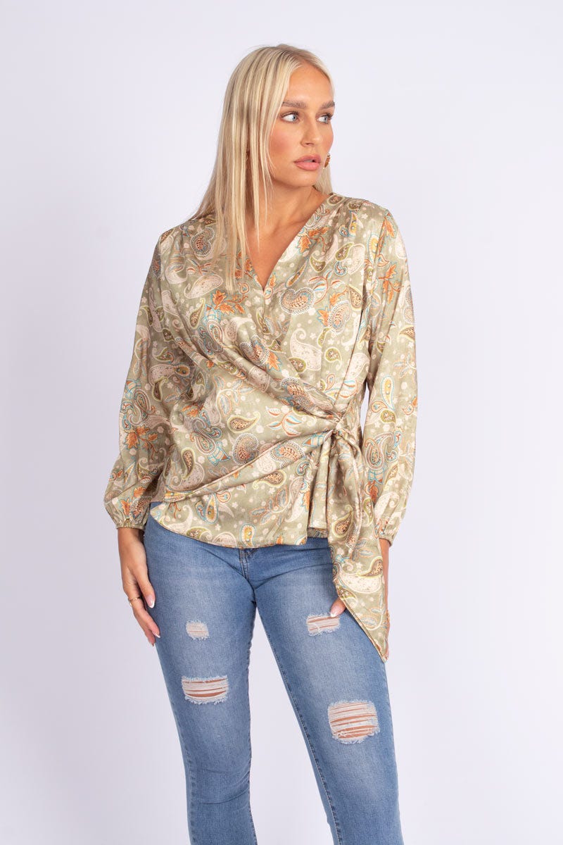 Crossover bluse m. paisley print Grøn