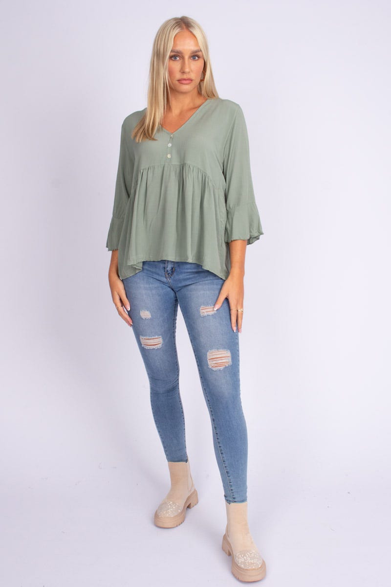 Bluse m. knapper Khaki