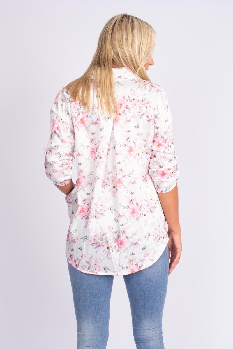 Bluse m. krave i blomsterprint Hvid