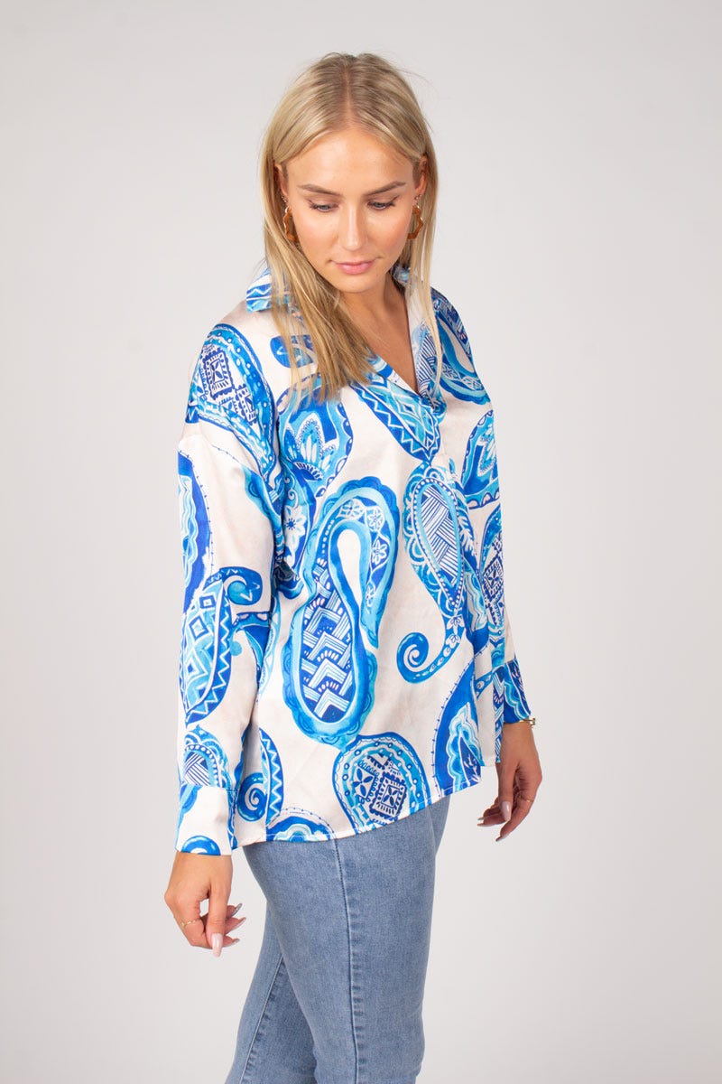 Bluse m. krave i paisley print  Blå