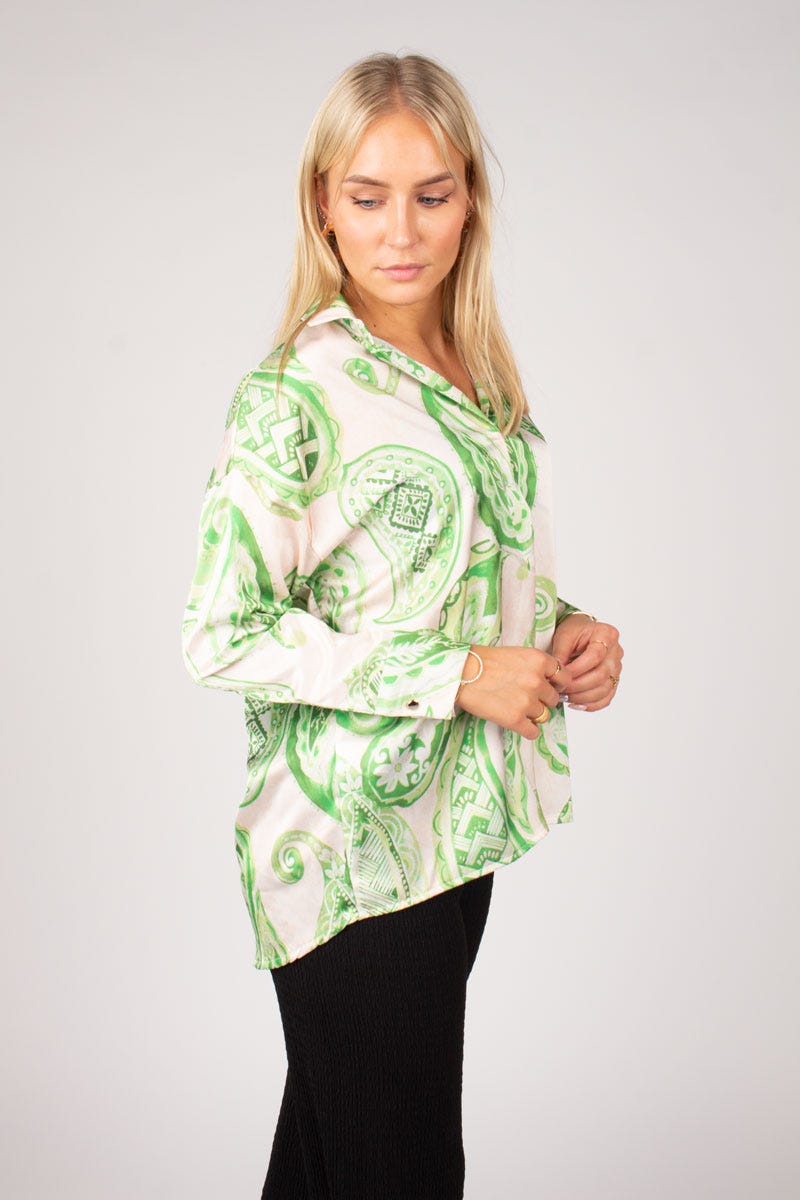 Bluse m. krave i paisley print  Grøn