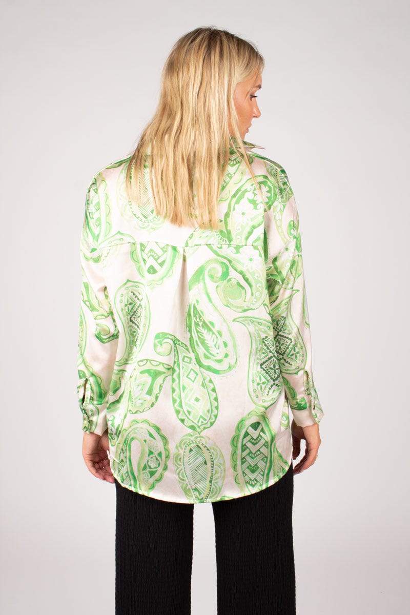 Bluse m. krave i paisley print  Grøn