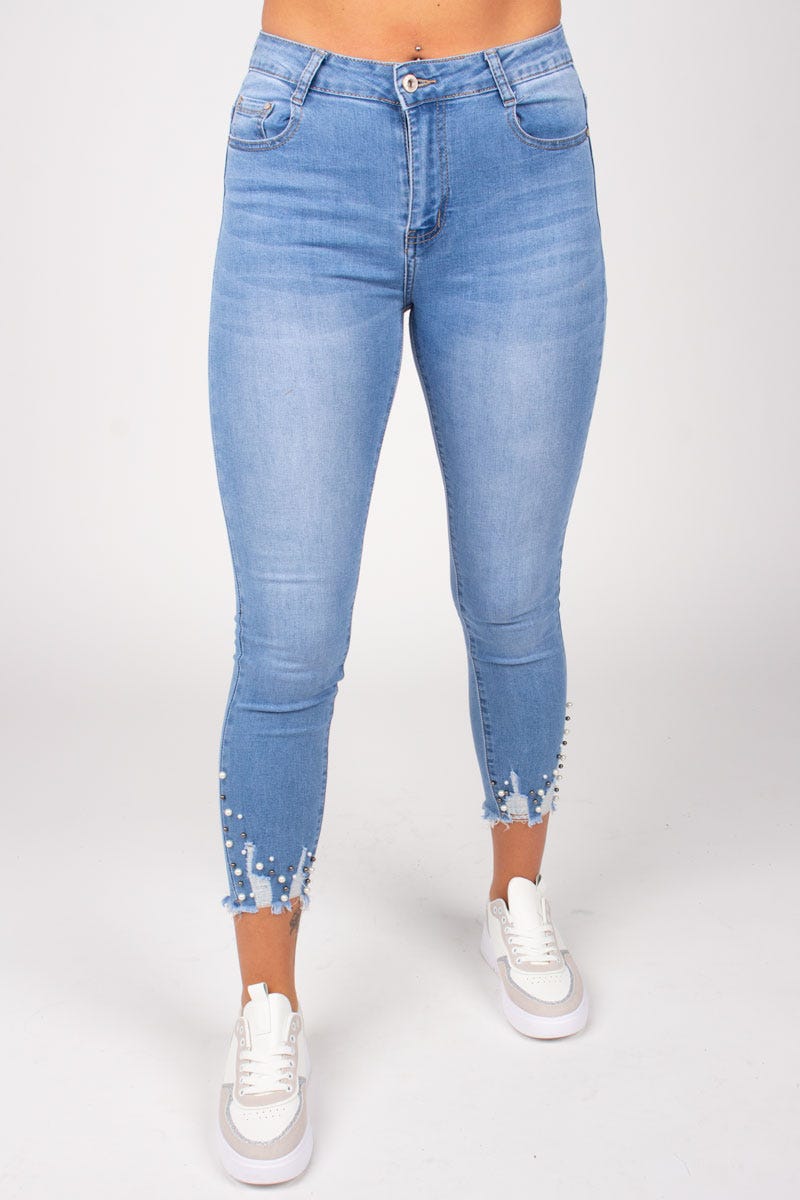 Jeans m. perle detaljer