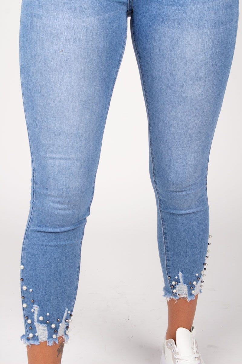 Jeans m. perle detaljer