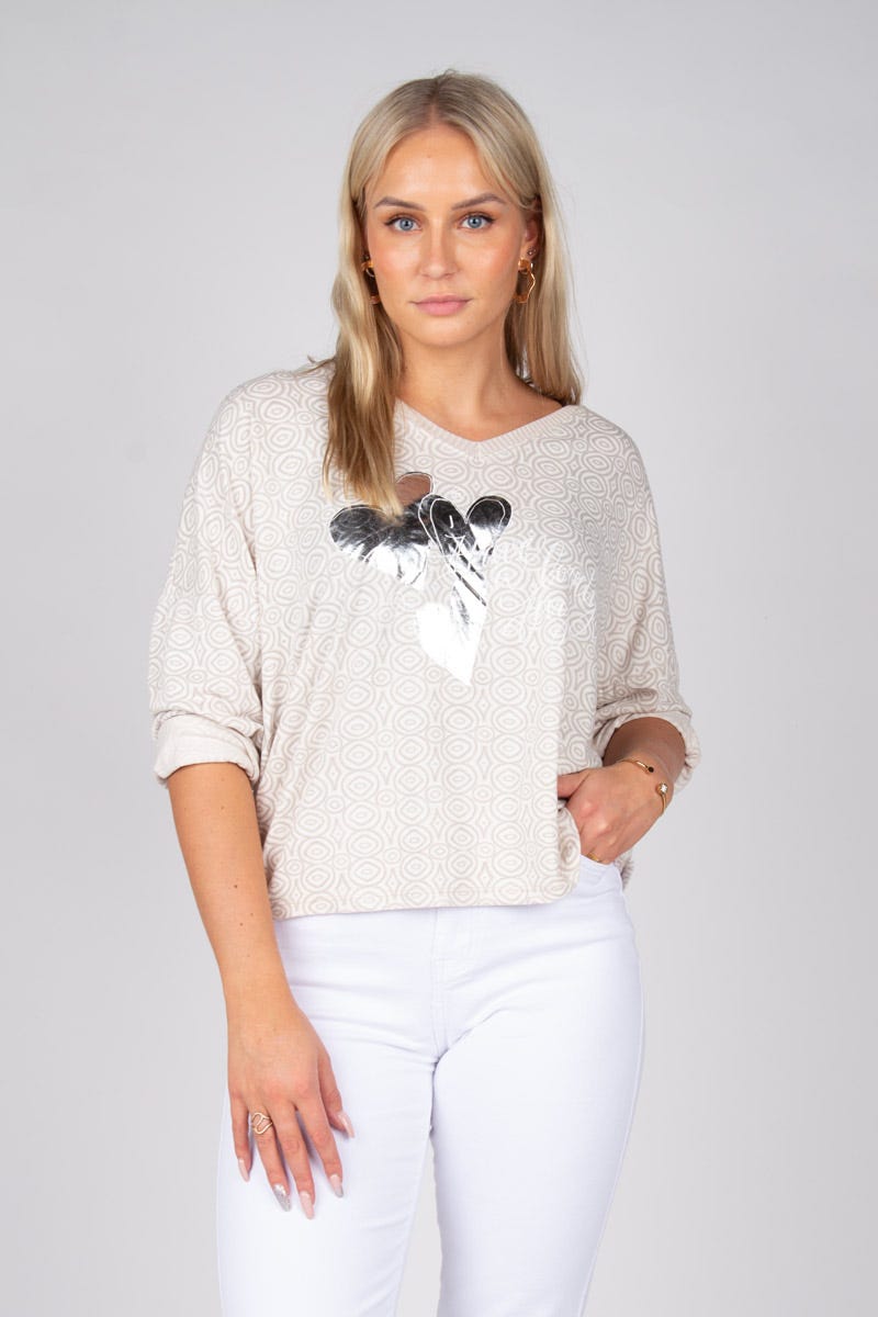 Hjerte bluse i print Beige