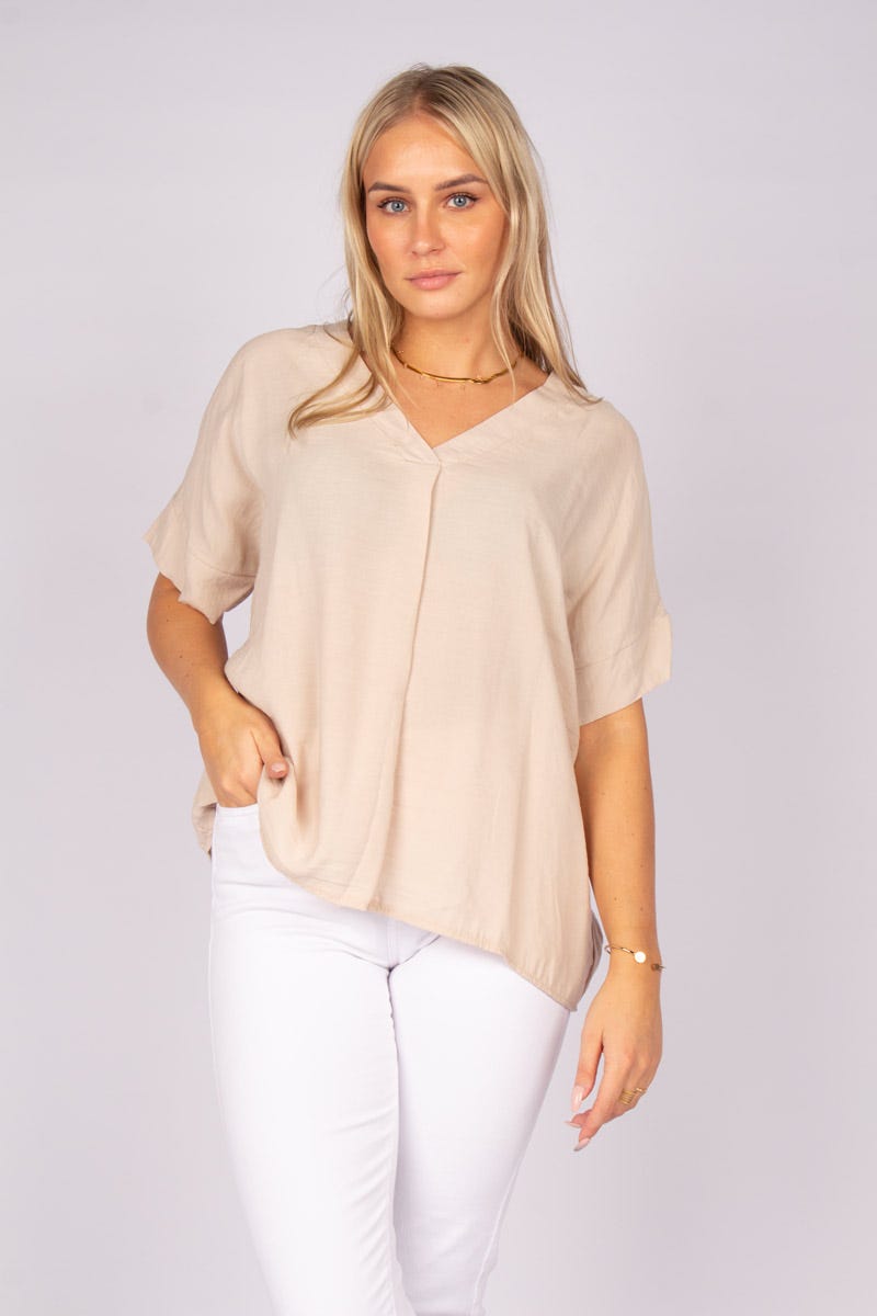 Tee m. V-hals Beige