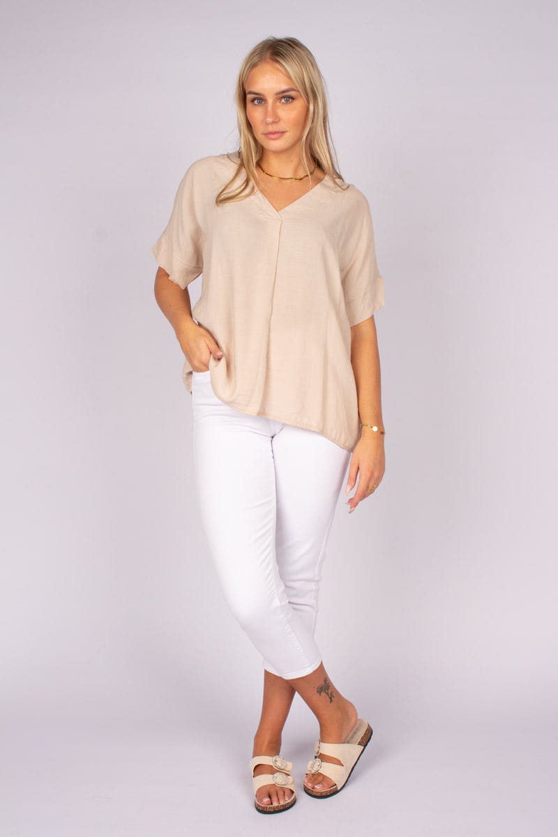 Tee m. V-hals Beige