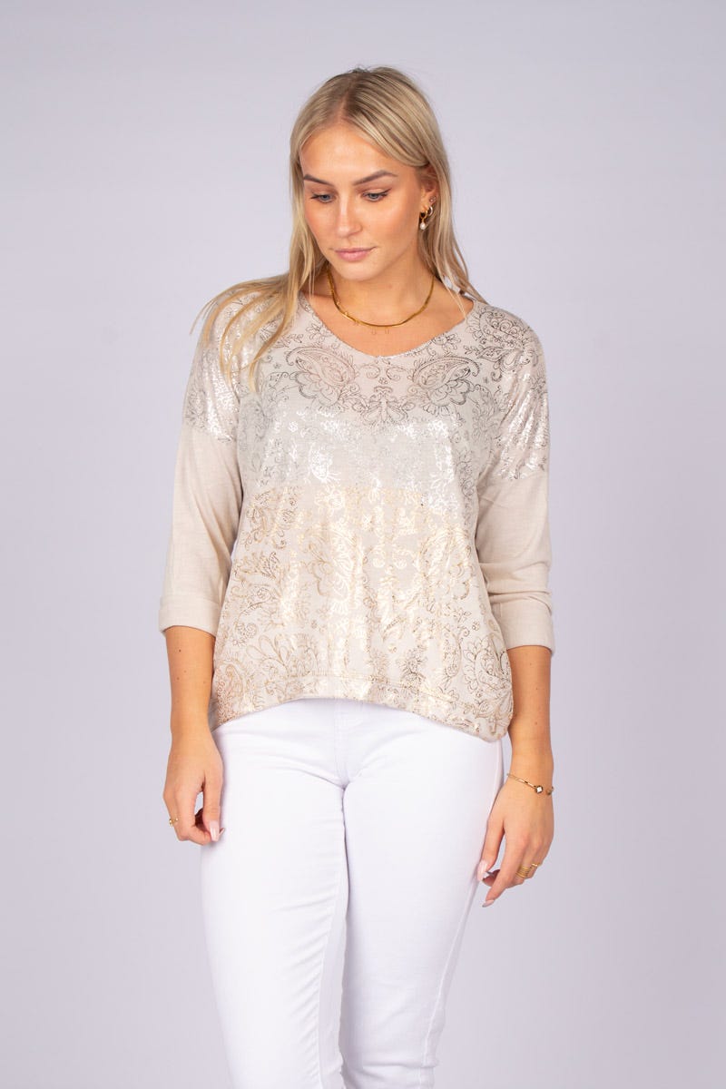 Bluse m. guld og sølv print Beige