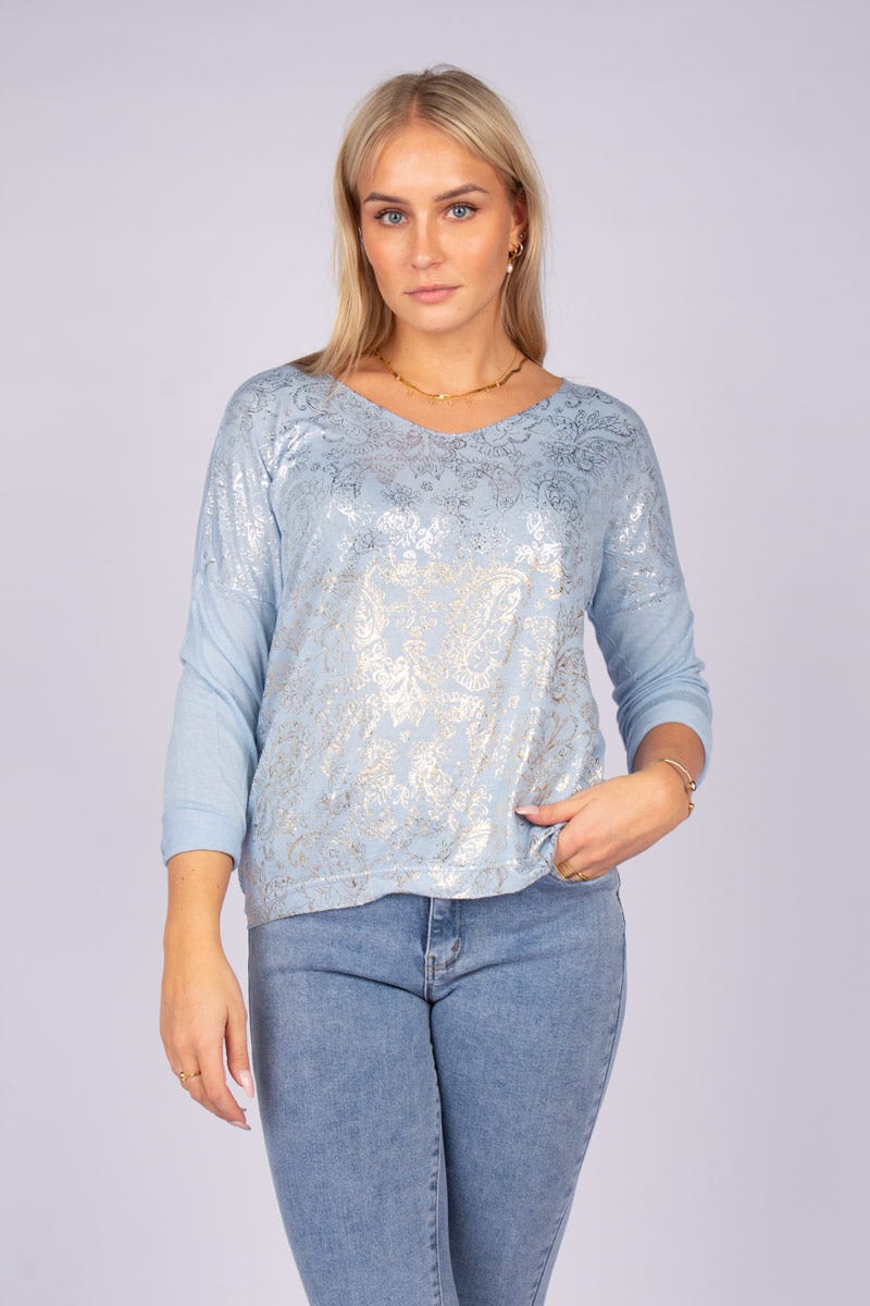 Bluse m. guld og sølv print Skyblue