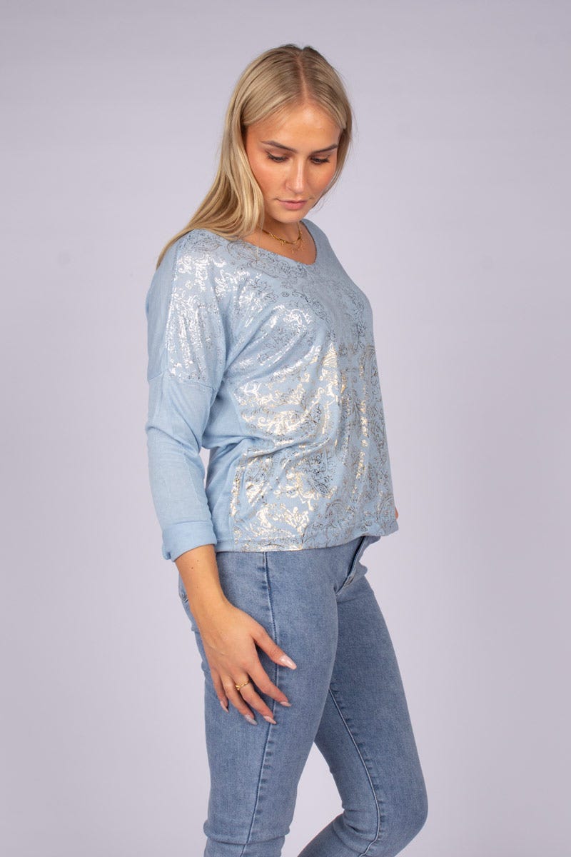 Bluse m. guld og sølv print Skyblue