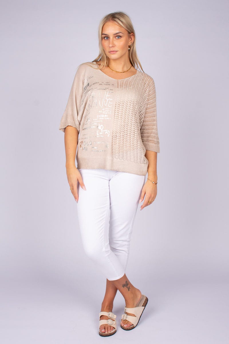 Strik m. tekst Beige