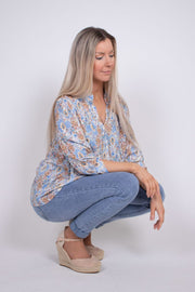 Bluse m. print Skyblue