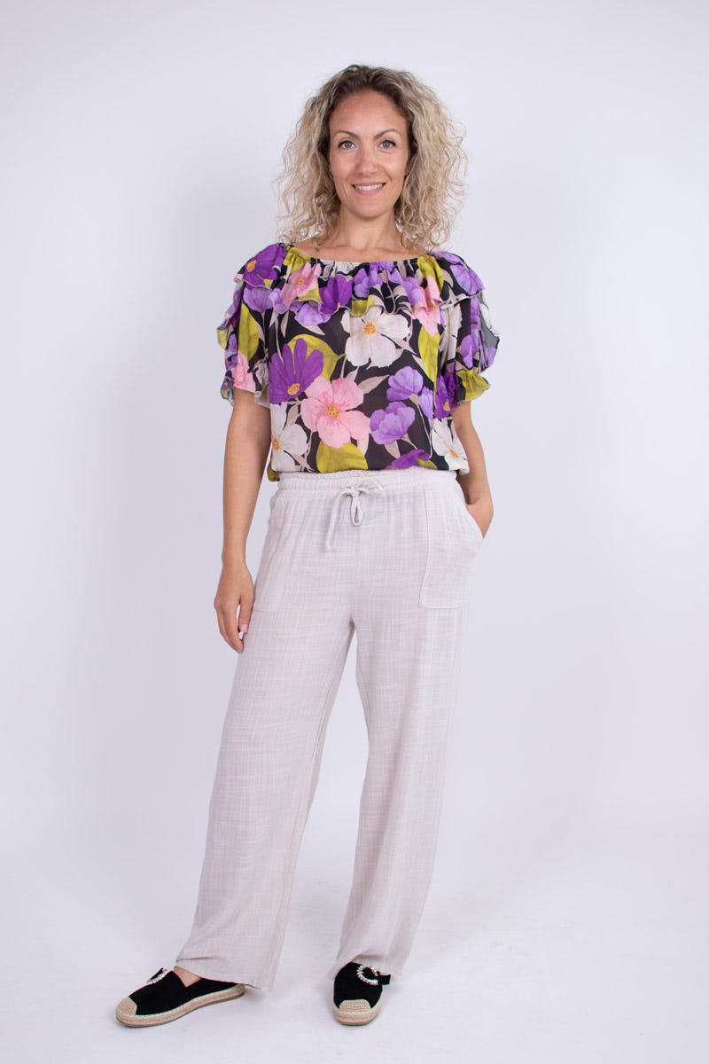 Top i chiffon m. blomster Lilla