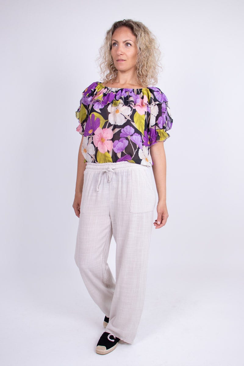 Top i chiffon m. blomster Lilla