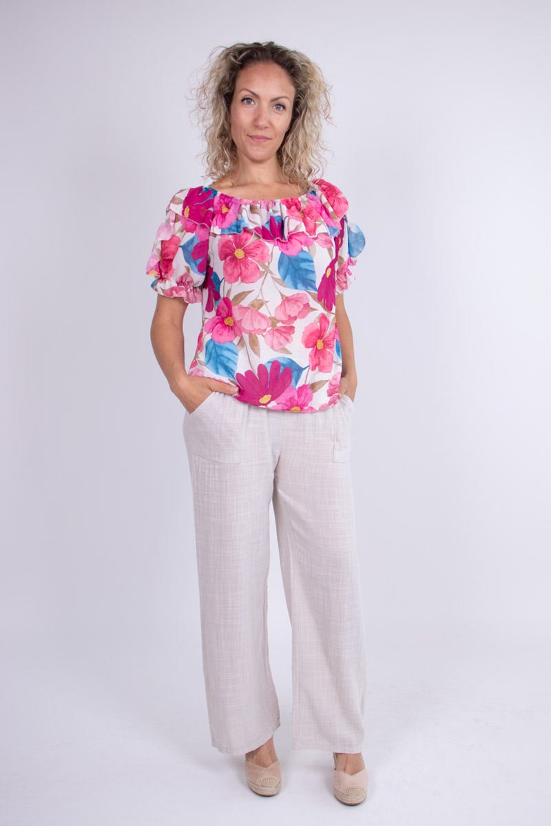 Top i chiffon m. blomster Pink