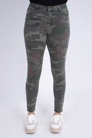 Jeans m. blomsterprint Khaki