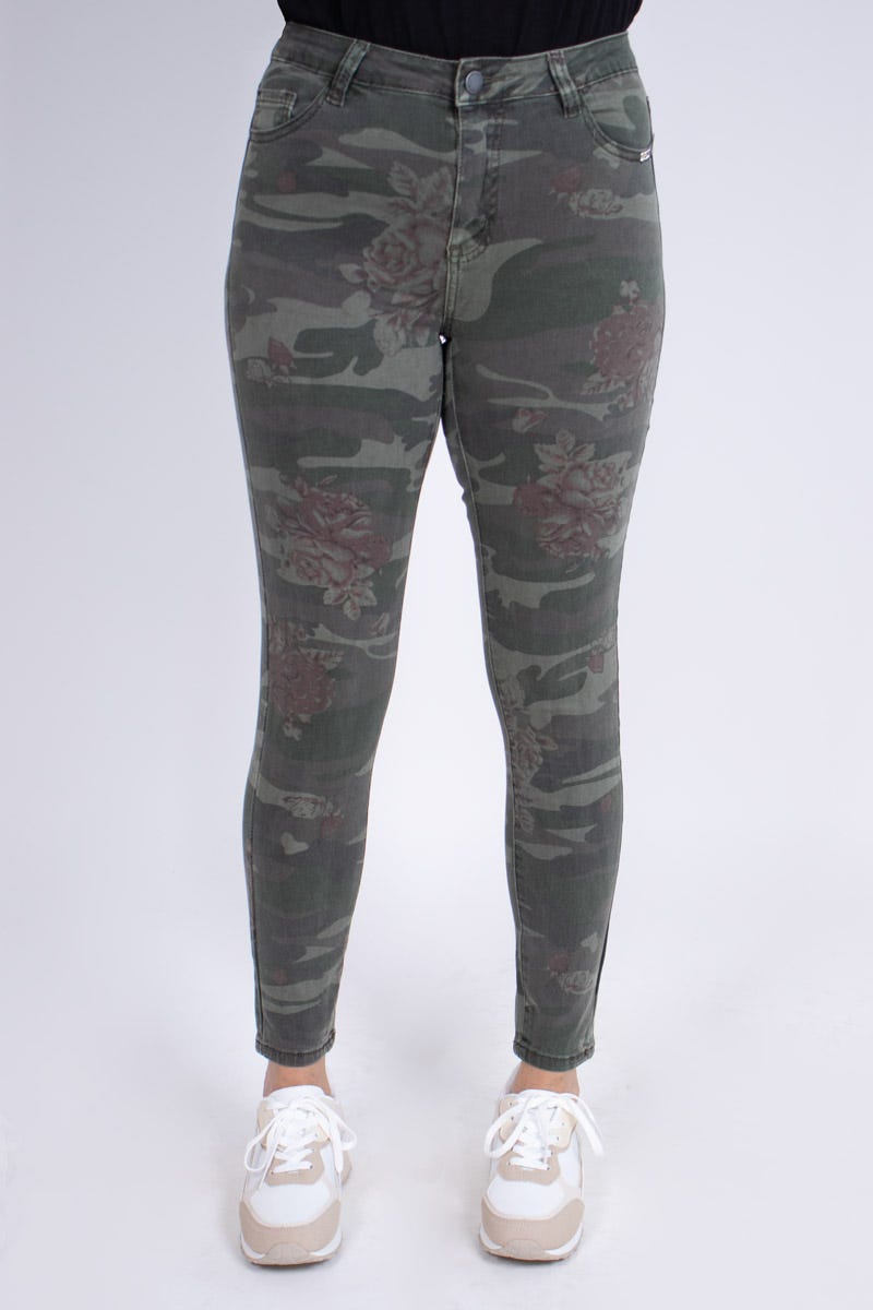 Jeans m. blomsterprint Khaki