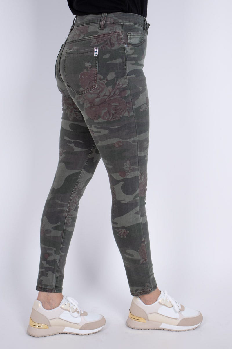 Jeans m. blomsterprint Khaki