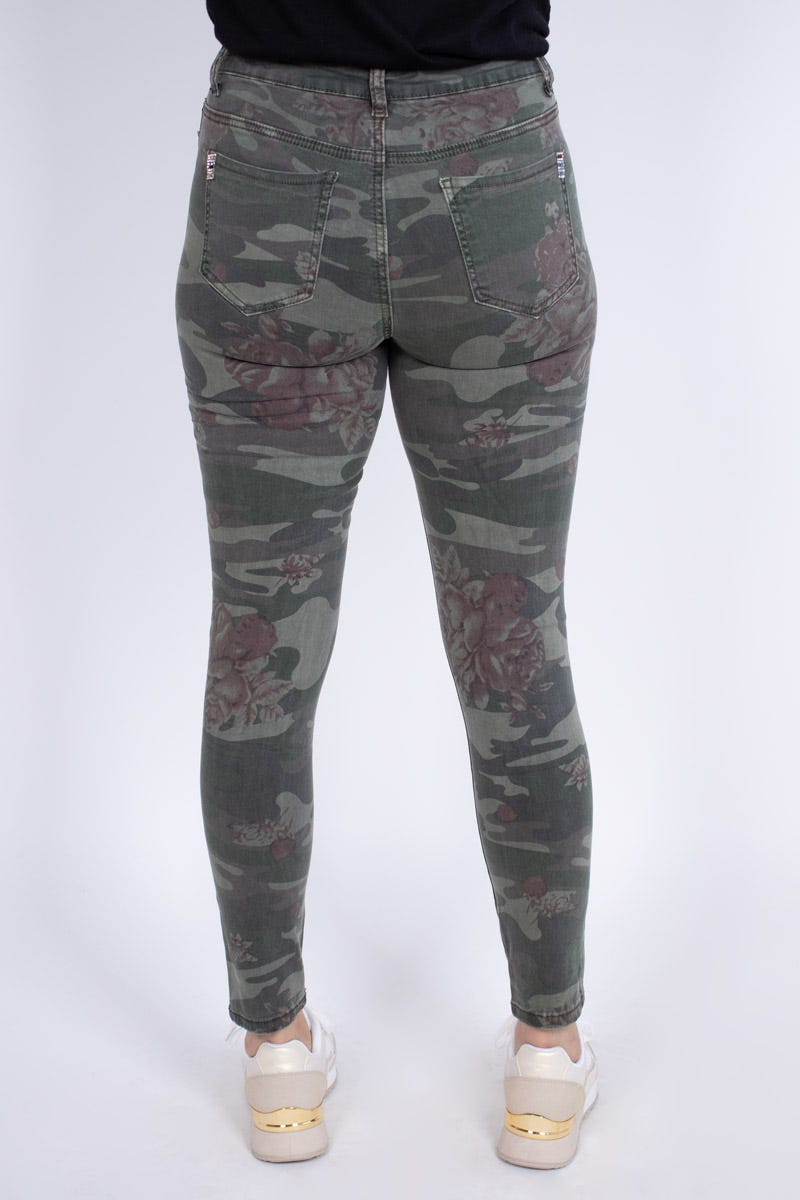 Jeans m. blomsterprint Khaki