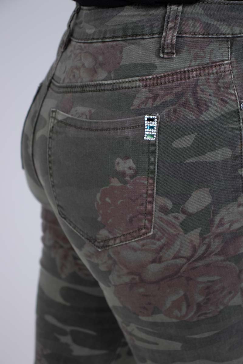 Jeans m. blomsterprint Khaki