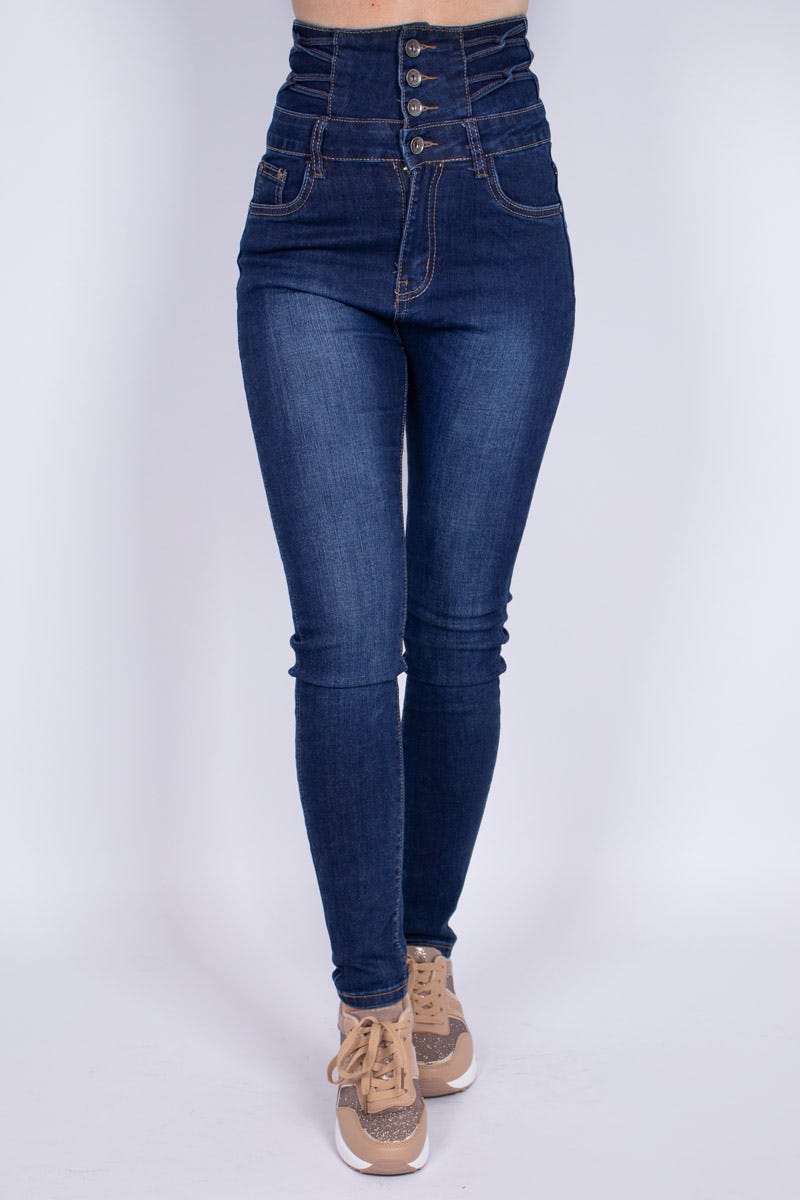 Højtaljede skinny jeans m. strop detaljer Denim