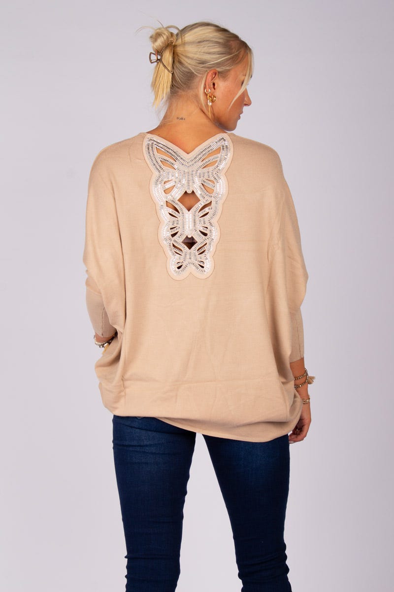 Batwing strik m. sten og sommerfugle Beige