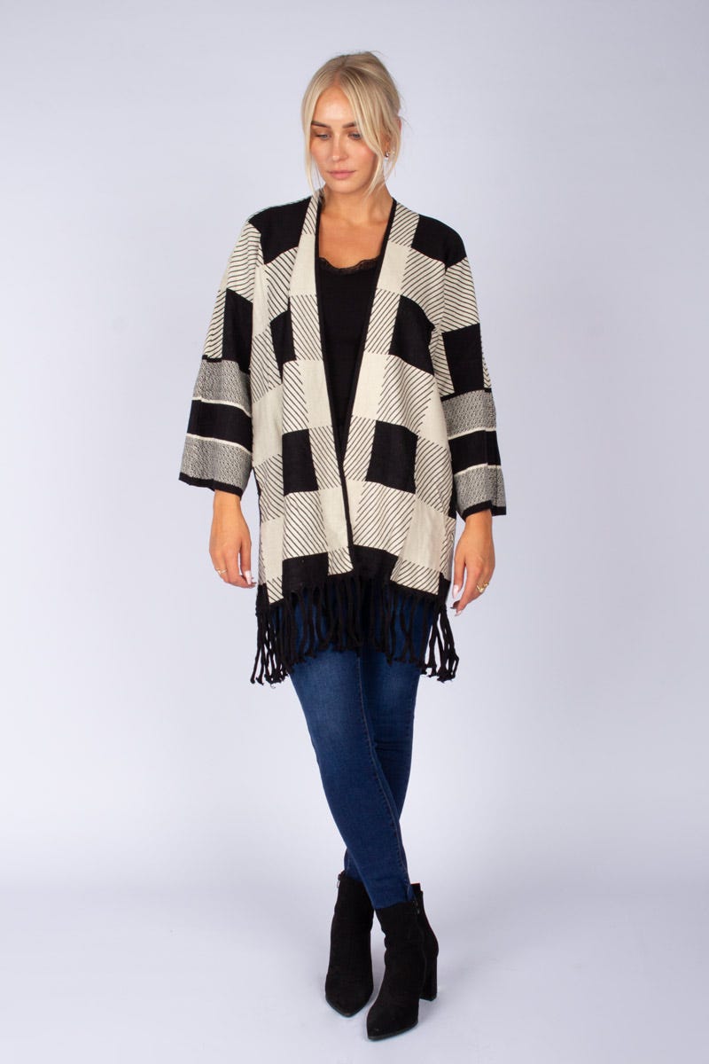 Cardigan m. frynser Beige