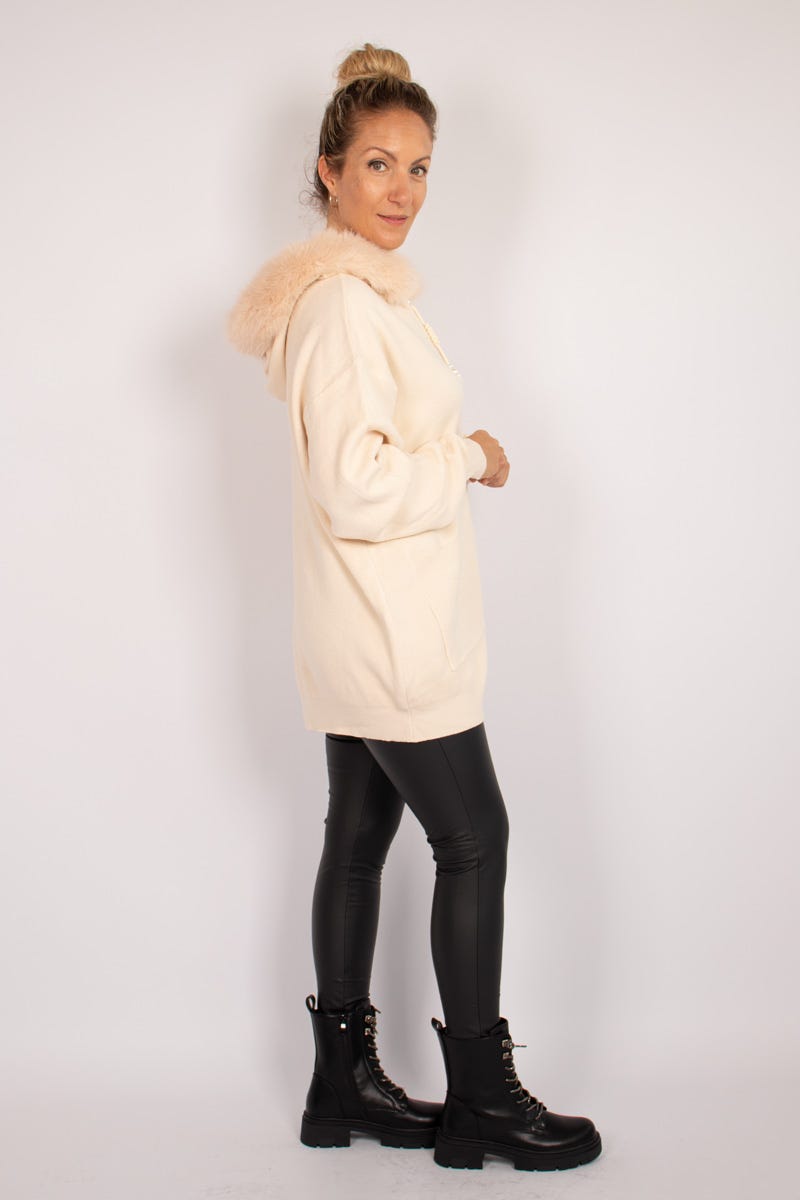 Cardigan m. imiteret pelskant  Beige