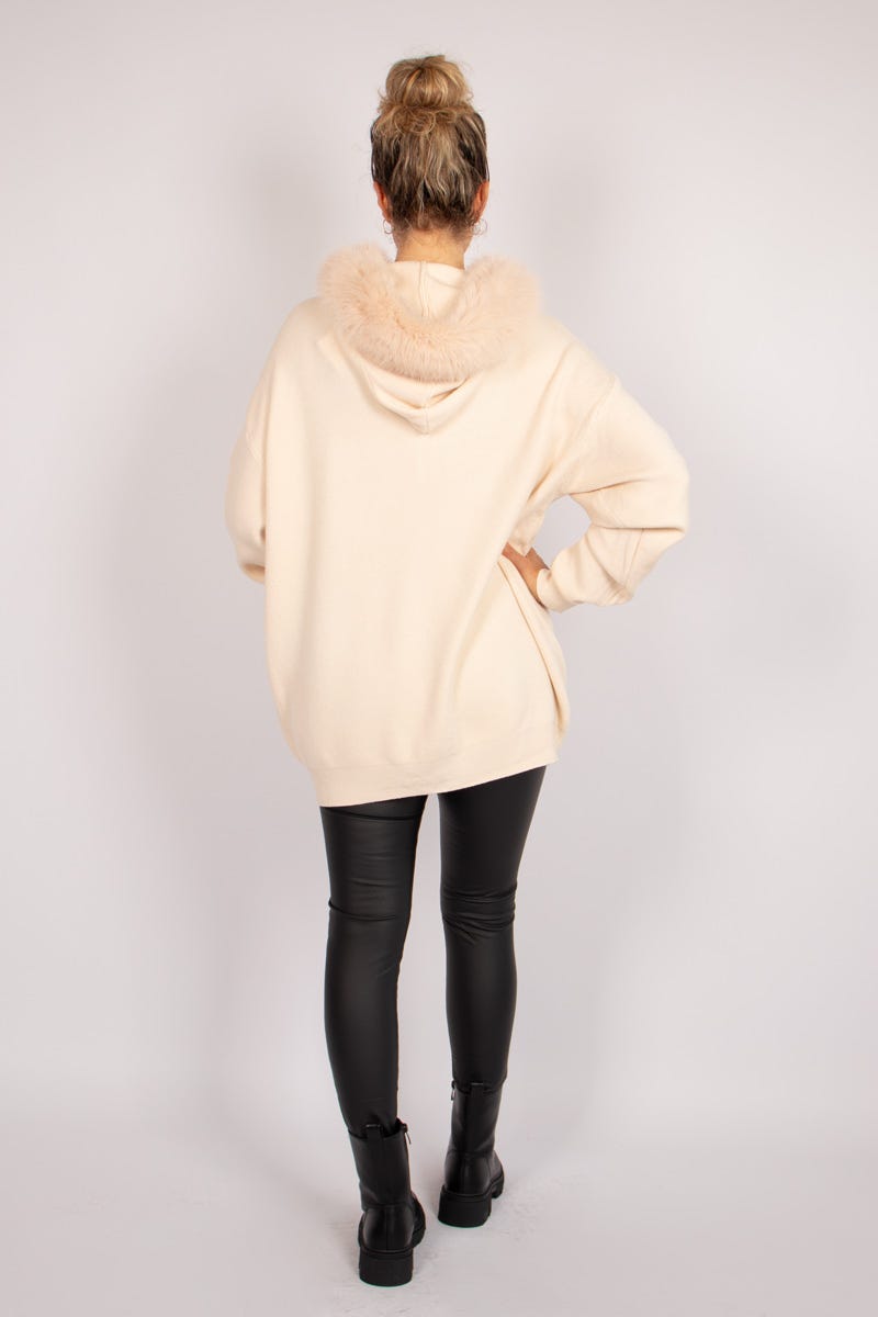 Cardigan m. imiteret pelskant  Beige