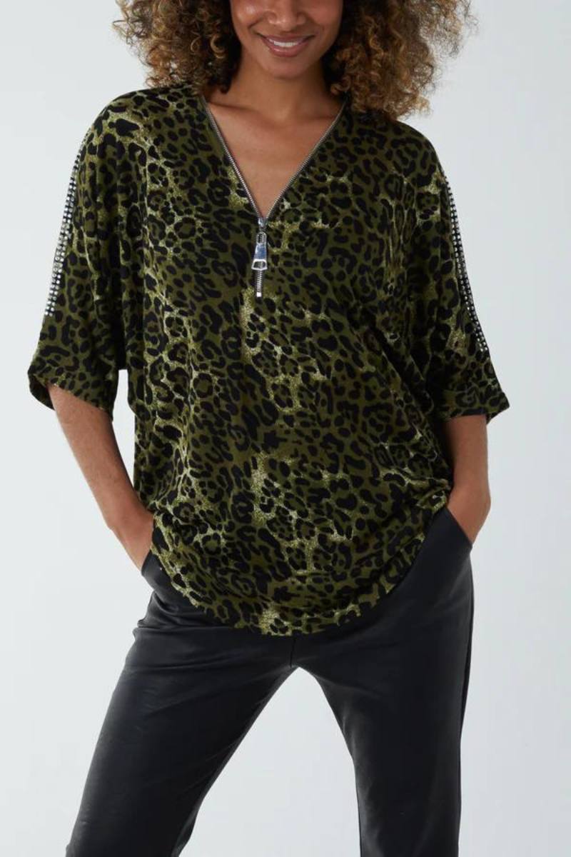 Bluse m. leoprint og sten Khaki