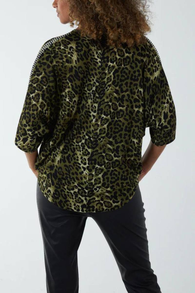 Bluse m. leoprint og sten Khaki