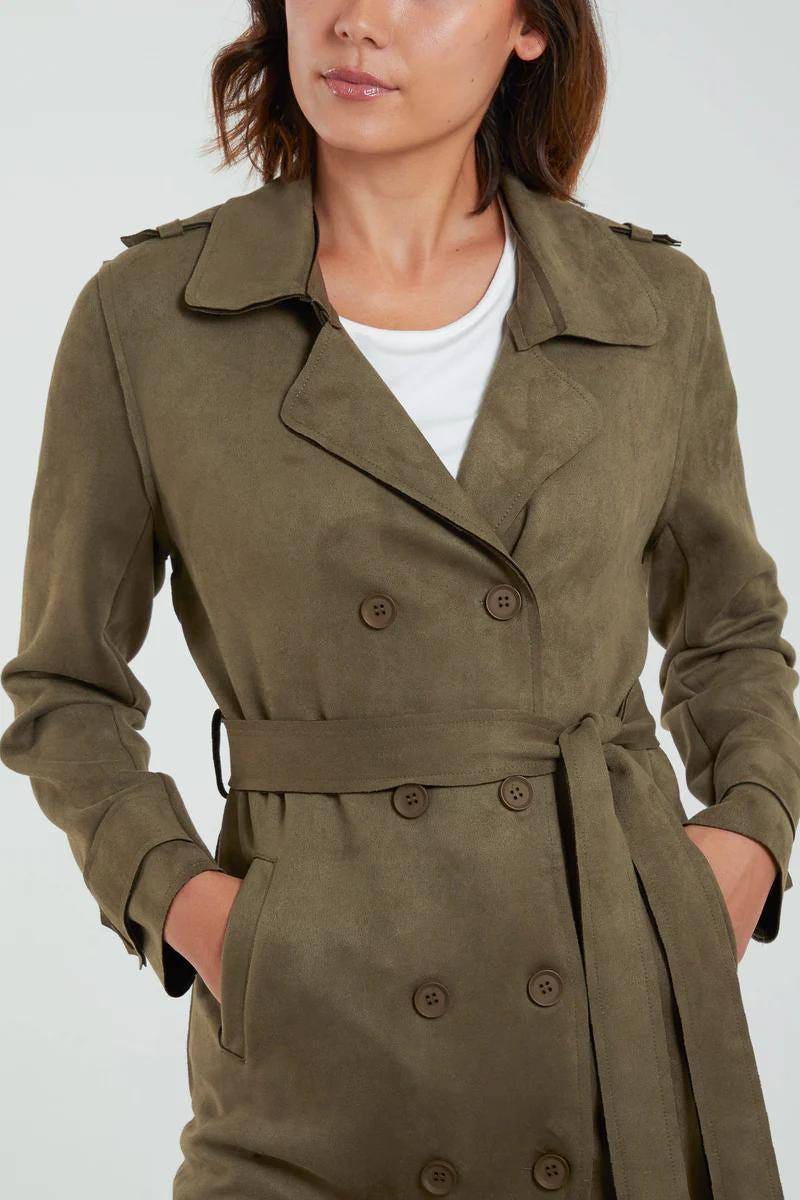 Trenchcoat i imiteret ruskind Khaki