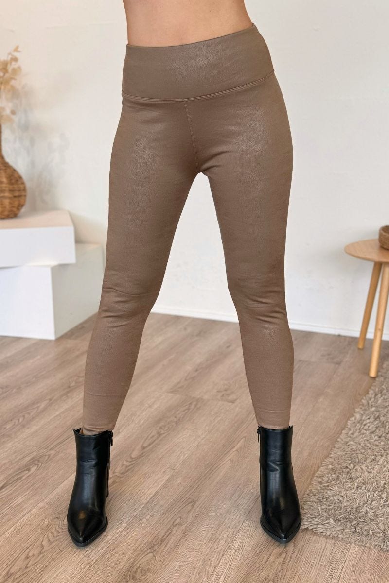 Leggings m. læderlook Taupe