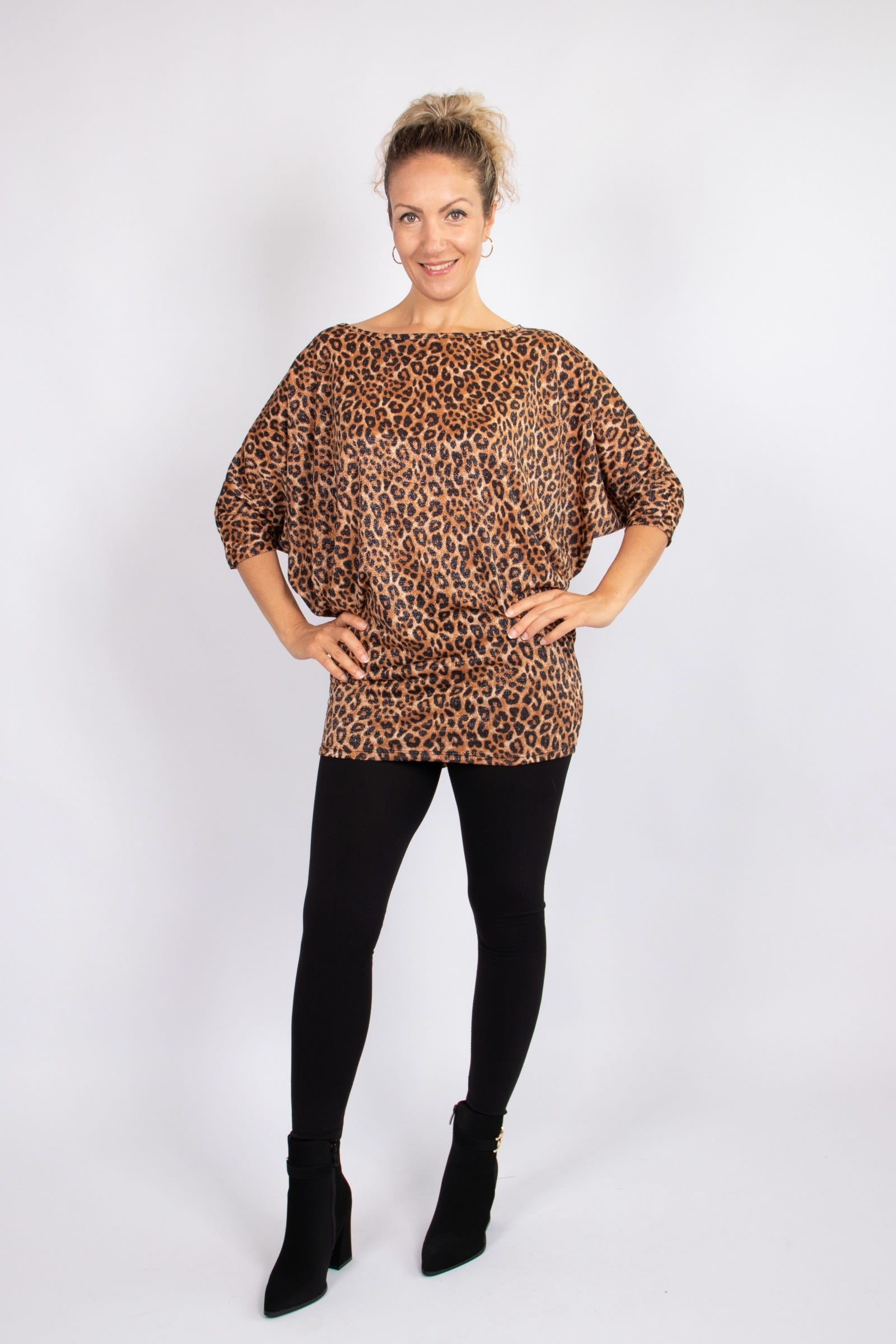 Batwing bluse m. glimmer og leoprint Brun