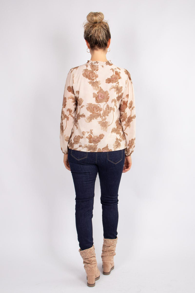 Bluse m. blomsterprint og bindebånd Beige