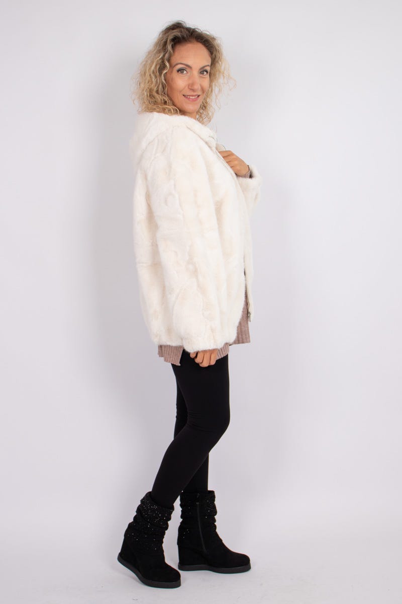 Faux fur jakke m. hætte Hvid