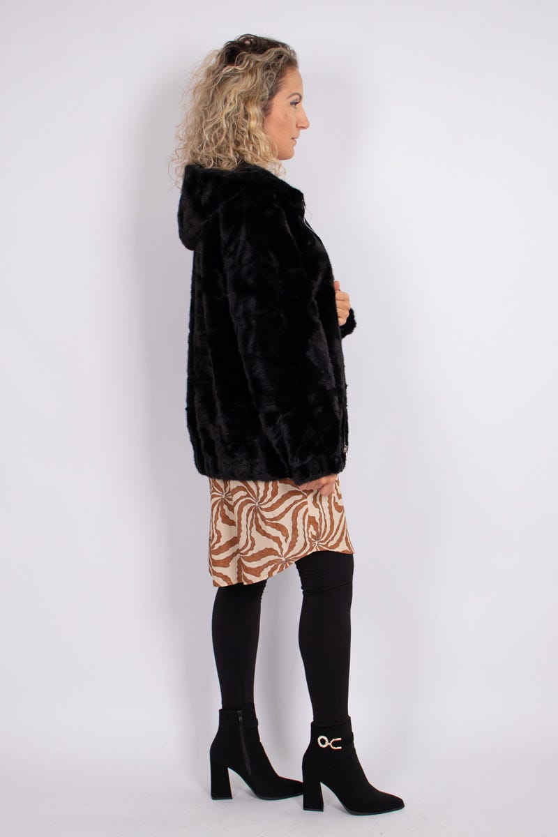 Faux fur jakke m. hætte Sort