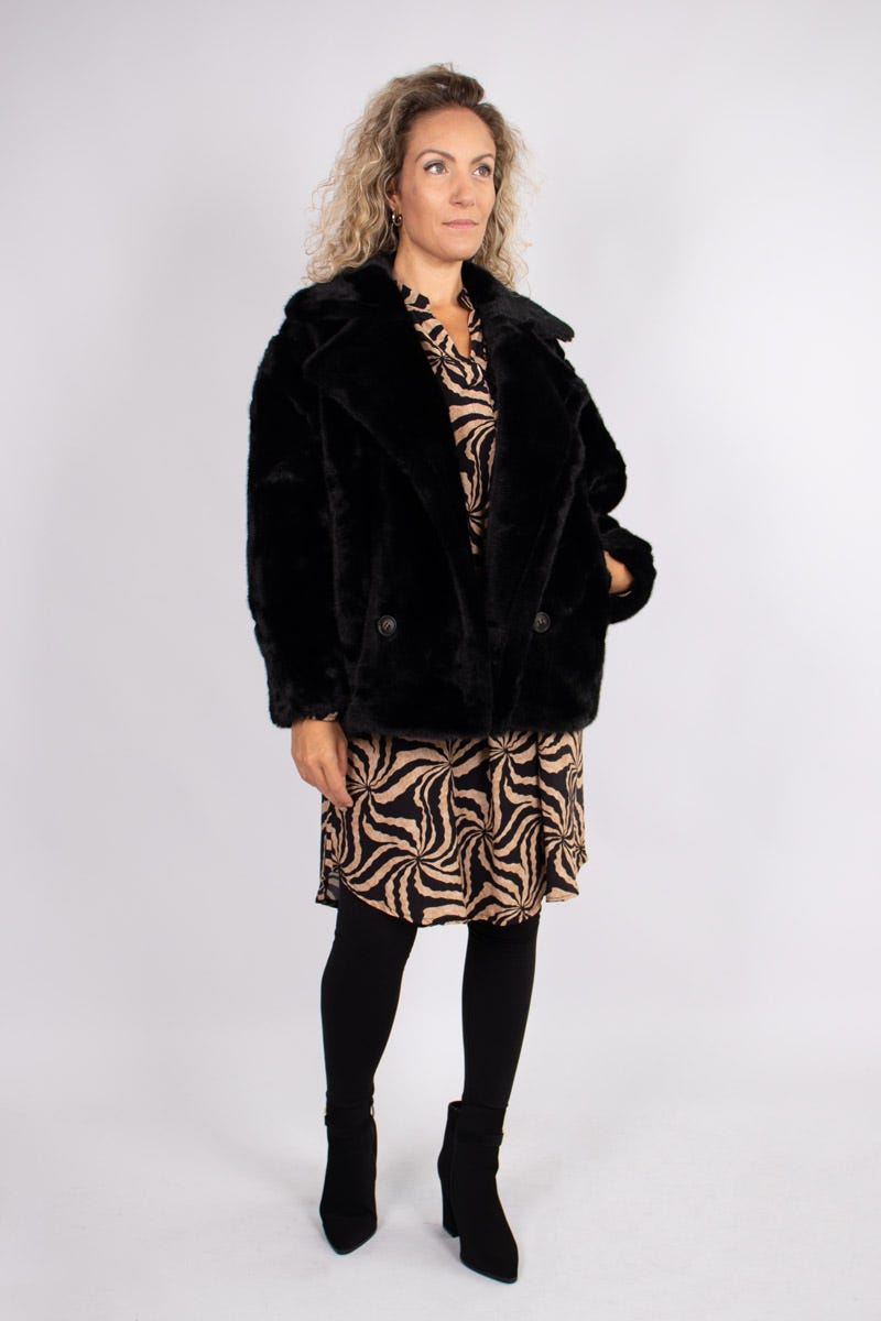 Faux fur jakke m. krave Sort